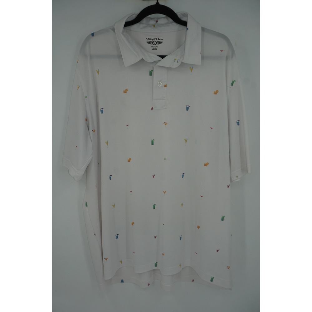 Straight‎ Down Polo Shirt Mens 2XL White Cocktail Drink Print Golf Stretch